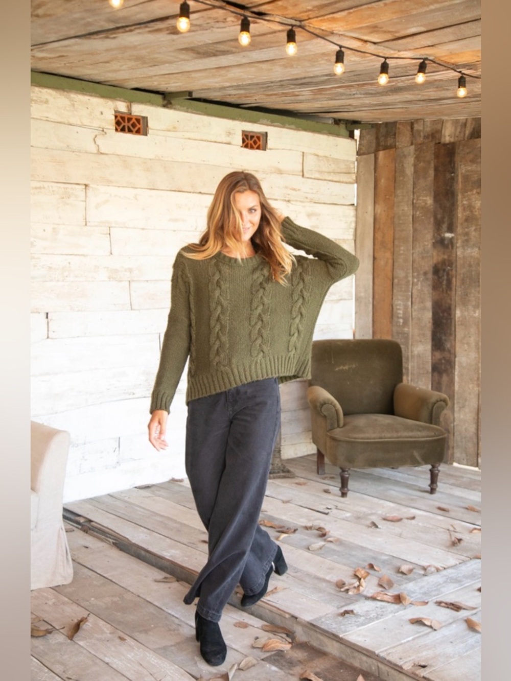 Wooden Ships Chunky Knit Sweater M/L Green Oversized Slouchy Boho
